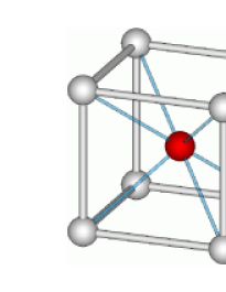 Cesium Chloride Unit Cell. Cs is white corner atoms, Cl is red central atom. This is simple cubic with a basis. Note that bcc Cs can be thought of as just replacing the Cl with another Cs atom.